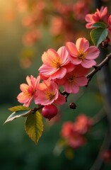 Japanese quince blooming in spring sunlight: pink flowers and red fruit