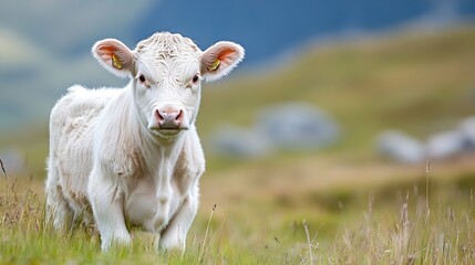 Obraz premium Curious White Calf Standing in a Green Meadow Under Bright Sun : Generative AI