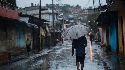 Obraz premium Person Walking in Rainy Street Holding an Umbrella in a Somber Mood : Generative AI
