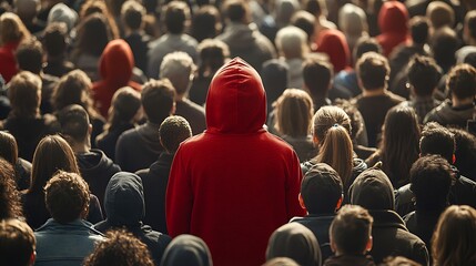 Obraz premium Crowd in red hooded jacket. Outdoor gathering