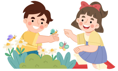 Illustration of Children Playing with Butterflies in a Garden