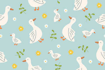Seamless pattern of geese on a blue background. Farm animals, poultry. Vector hand drawn childish background.