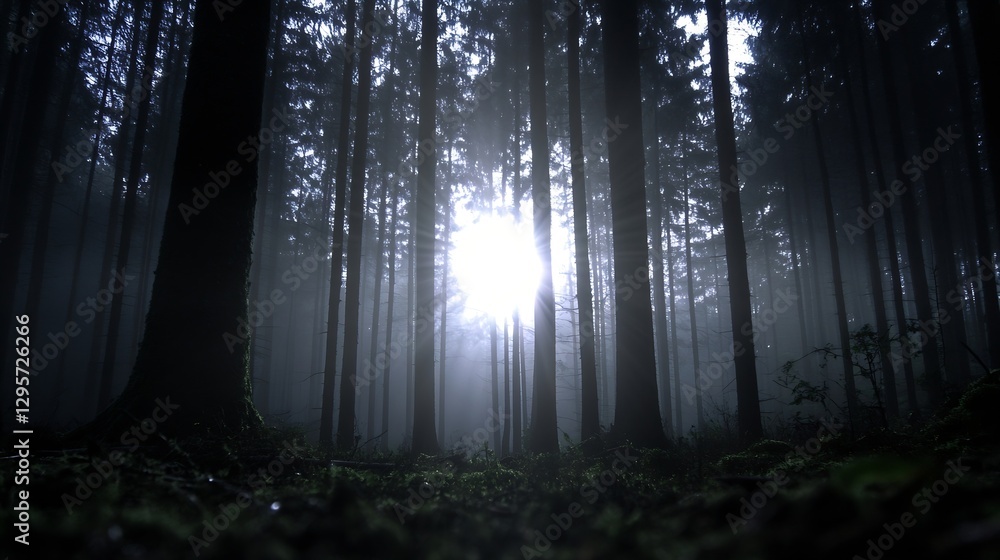 Fototapete mysterious forest scene illuminated by soft sunlight through misty trees : generative ai
