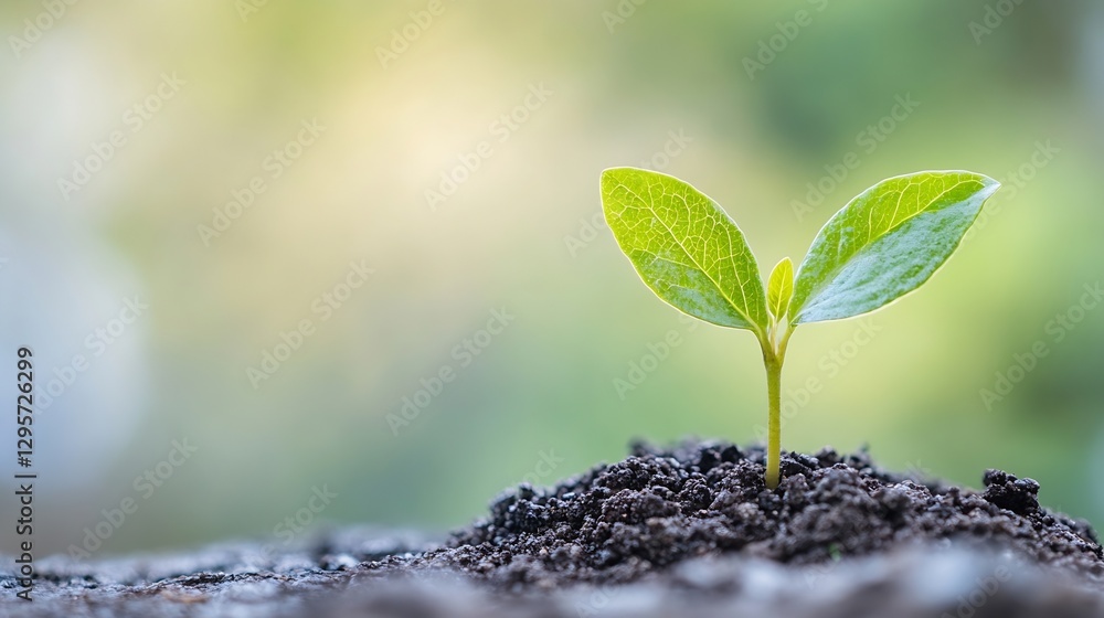 Poster fresh green sprout emerging from dark soil symbolizing growth and renewal in nature : generative ai