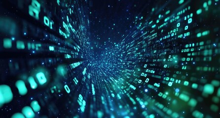 Digital code tunnel; glowing binary data; futuristic space; data stream