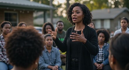 Obraz premium Confident Black Female CEO Leading a Team Meeting in a Modern Office