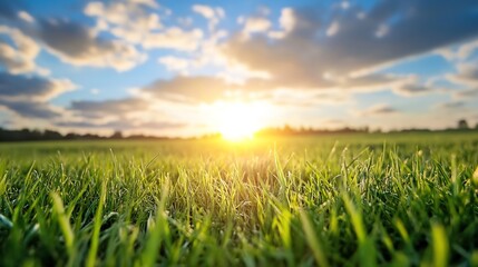 Fototapeta premium Vibrant green grass field under a bright sunrise with scattered clouds : Generative AI