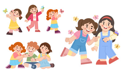 Illustration set of cheerful children chasing butterflies
