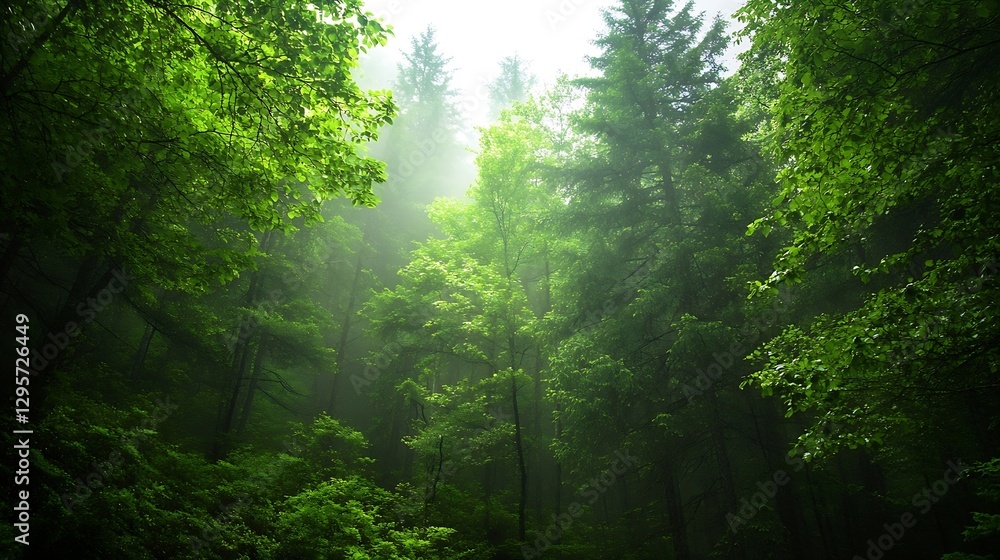 Aufkleber lush green forest with mist and sunlight peeking through trees in a serene landscape : generative ai