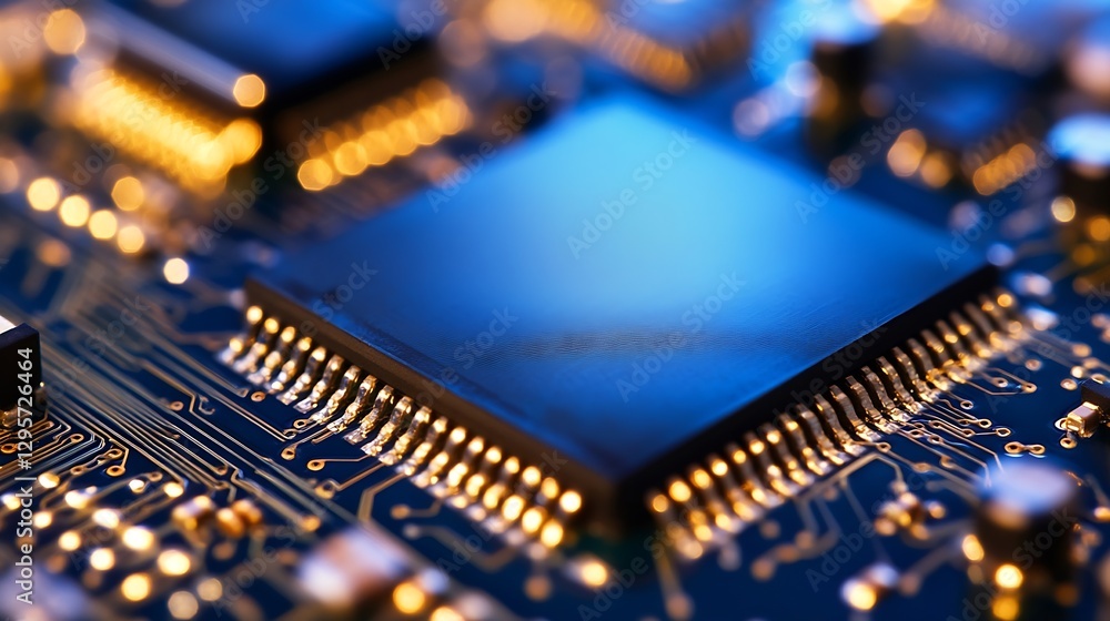 Poster Close up of a shiny black microchip on a circuit board with glowing electronic components and traces : Generative AI
