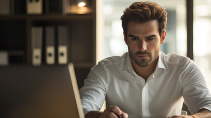 Focused businessman working diligently at his desk, embodying professionalism and determination.