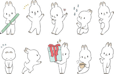 様々なポーズのうさぎのキャラクターの手書きイラストセット