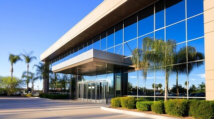Sleek Modern Office Building with Expansive Glass Windows and Lush Palm Landscaping : Generative AI