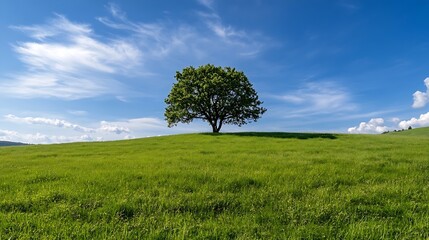 Fototapeta premium Lone tree on a green hill under a vibrant blue sky with fluffy white clouds : Generative AI