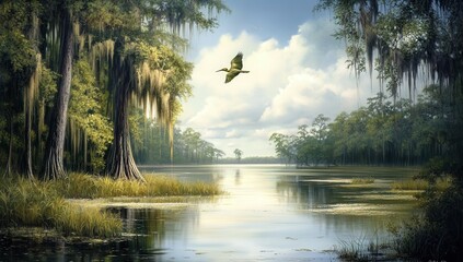 Serene Landscape with Calm Waters and Lush Green Vegetation, a Solitary Bird in Flight Over the Tranquil Marshland at Dusk