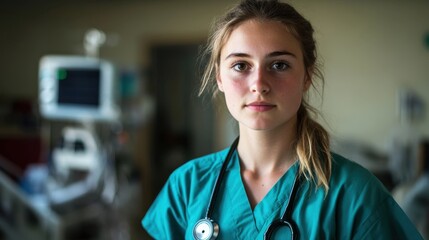 Young female healthcare professional in scrubs with stethoscope standing in a hospital room with medical equipment in the background