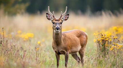 Obraz premium Graceful deer standing in a flowering meadow showcasing its antlers and natural habitat : Generative AI