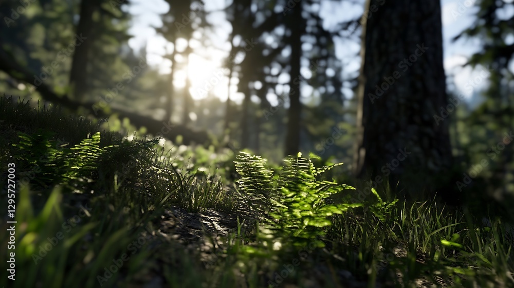 Poster lush green ferns in a sunlit forest creating a calm natural atmosphere : generative ai