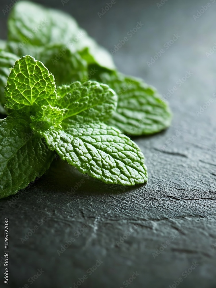 Aufkleber fresh mint leaves on a dark stone surface showcasing their vibrant green color and texture enhancing
