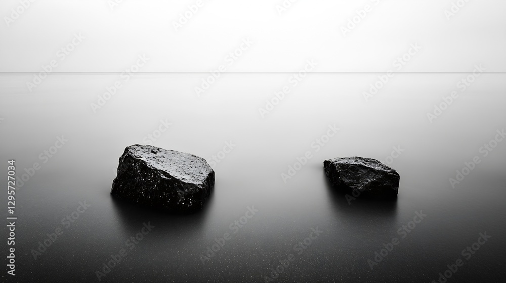 Poster Two smooth dark stones emerging from serene calm waters under a minimalistic gray sky : Generative AI