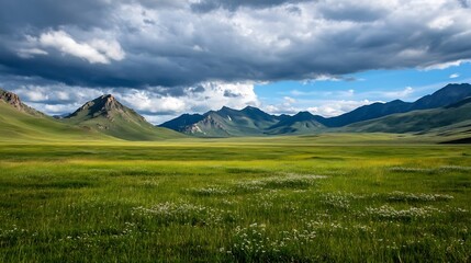 Obraz premium Expansive Green Fields with Majestic Mountains under Dramatic Sky : Generative AI