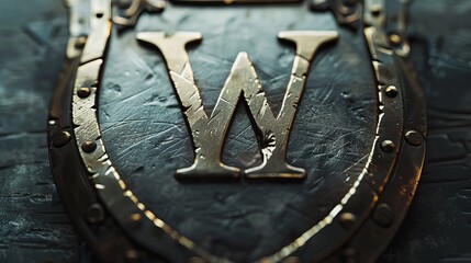 Fototapeta premium Close-up of a metallic shield featuring a bold letter 'W', radiating strength and classic craftsmanship.