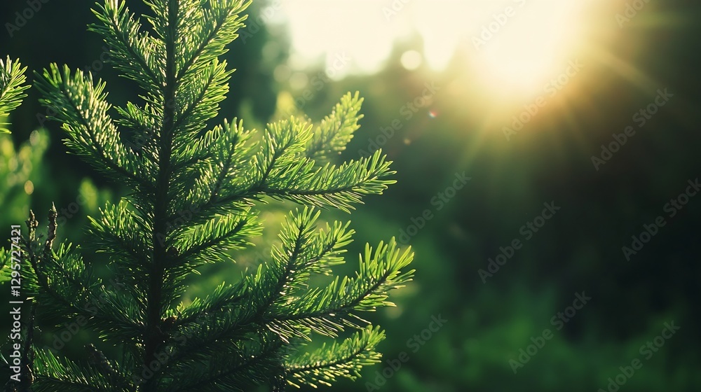 Poster closeup of green pine needles illuminated by warm sunlight filtering through the forest : generative