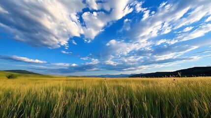 Vast Golden Fields Under Beautiful Blue Sky with Fluffy Clouds : Generative AI