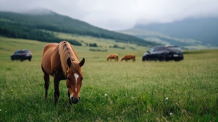 Idyllic Pastoral Scene Depicting Horses Grazing in Lush Green Fields Surrounded by Beautiful Mountains : Generative AI