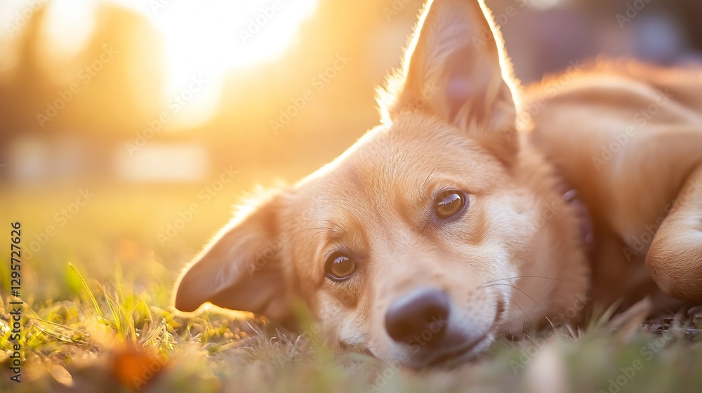 Aufkleber adorable dog lying on the grass during sunset displaying its playful and relaxed nature in a golden 