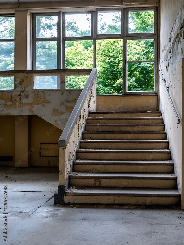 Poster abandoned interior of a building featuring worn stairs leading to large windows surrounded by greene