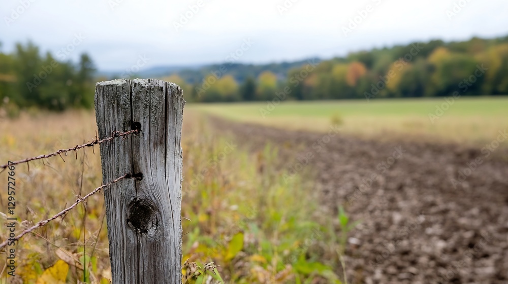 Poster Rustic wooden fence post leading into a tranquil landscape field with soft fall colors on a cloudy day : Generative AI