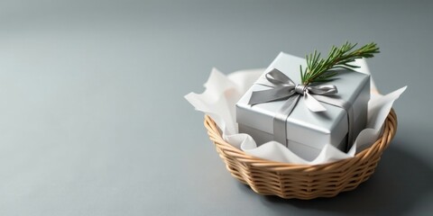 A thoughtfully presented silver gift box, adorned with a delicate grey ribbon and a sprig of greenery, rests gently in a woven basket lined with soft tissue paper.