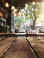 Abstract blurry restaurant interior background with empty wooden table. Mock up