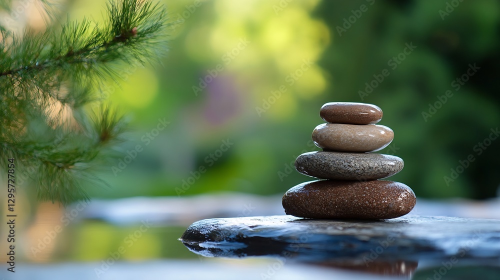 Poster zen garden with stacked stones creating a tranquil and peaceful atmosphere for relaxation : generati