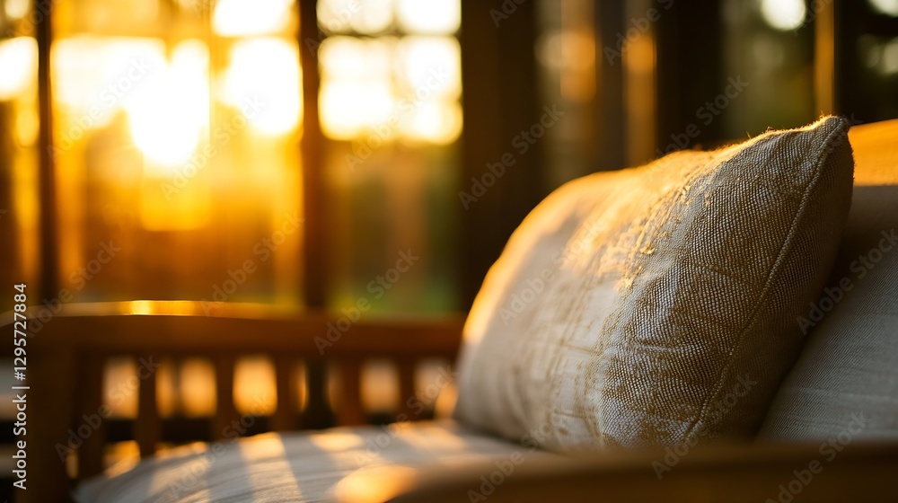 Poster warm and inviting wooden couch adorned with soft cushion against the backdrop of a golden sunset : g