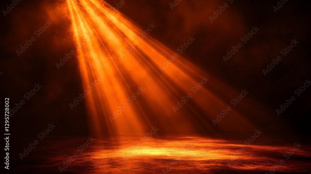 Poster Soft orange rays break through the shadows, casting a warm glow on a tranquil surface below. The atmosphere feels both enchanting and mysterious, inviting reflection