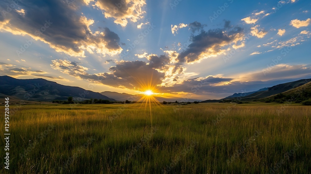 Poster breathtaking sunset over rolling hills with dynamic cloud patterns and golden sunlight glimmering : 