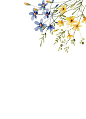 Watercolor flowers, floral frame border for greeting card, invitation and other printing design. Isolated on white. Hand drawing digital background.