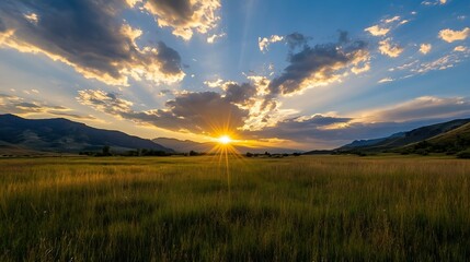 Breathtaking Sunset Over Rolling Hills with Dynamic Cloud Patterns and Golden Sunlight Glimmering : Generative AI
