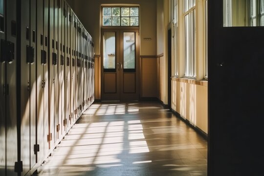 A quiet school hallway lined with lockers and classroom doors. Sunlight filters through the windows, casting soft shadows on the floor, Generative AI - Powered by Adobe