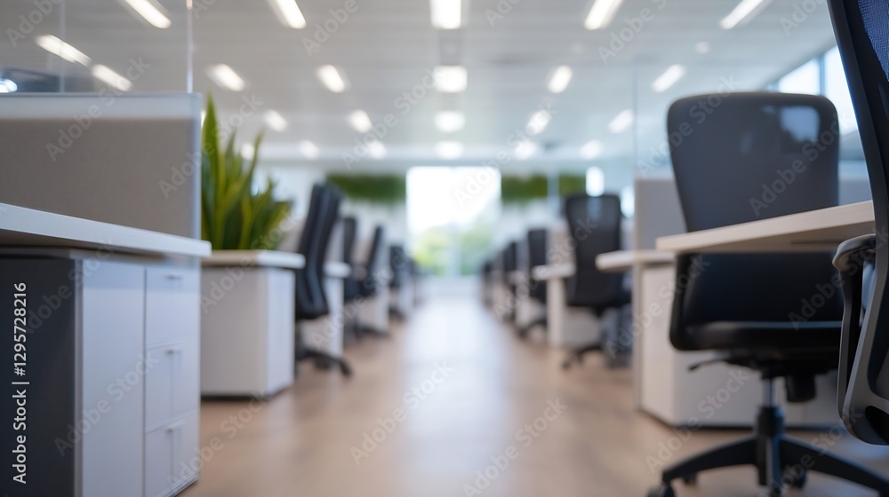 Poster modern office workspace featuring desks and ergonomic chairs set with plants and natural light shini
