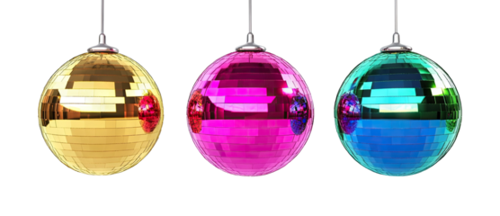 Set of three colorful disco balls hanging, isolated on transparent cutout background