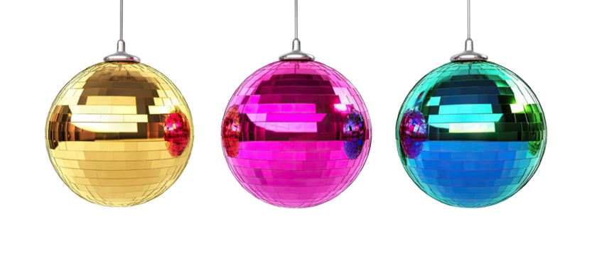 Set of three colorful disco balls hanging, isolated on transparent cutout background