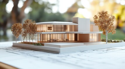 Dream Home Blueprint: A miniature model of a modern suburban house sits atop a detailed blueprint, showcasing the architectural vision and meticulous planning that goes into building a dream home.