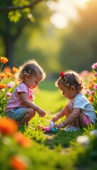 Fototapeta premium Happy children searching for hidden Easter eggs in a vibrant floral garden , colorful, spring, garden