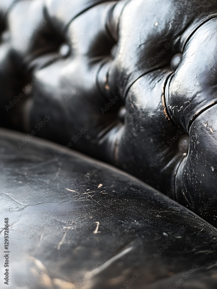 Poster texture close up of a black leather tufted sofa emphasizing vintage elegance and timeless design aes
