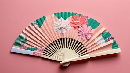  a beautifully designed folding fan showcases vibrant floral patterns against a soft pink backdrop