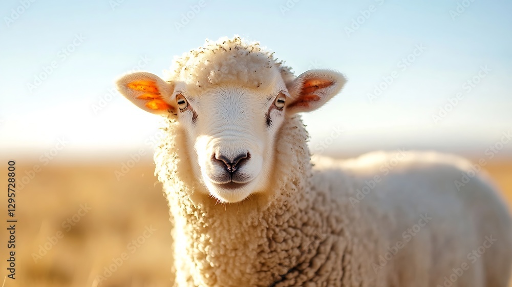 Poster Close up of a fluffy sheep with a serene expression against a soft and warm outdoor backdrop on a bright day : Generative AI