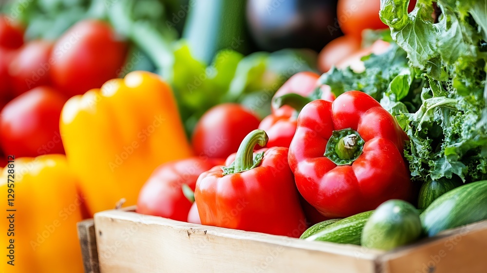 Poster fresh and colorful collection of vegetables in a rustic wooden basket displaying healthy produce : g
